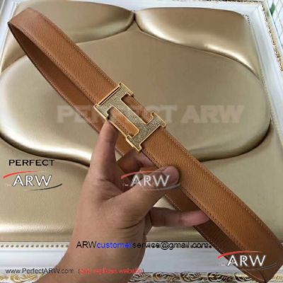 Perfect Replica Hermes Frosted Gold Buckle Brown Leather Belt